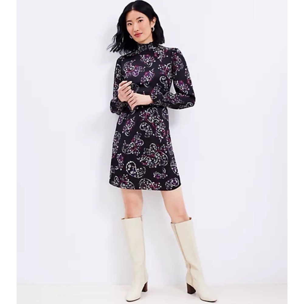 LOFT Paisley Smocked Flared Long Sleeve Floral Dress Black Purple White 8 - Picture 2 of 13